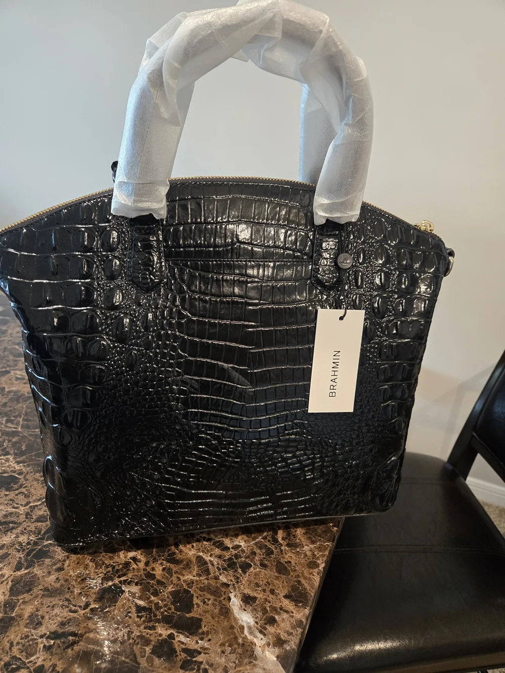 Brahmin Black Croc-Embossed Satchel with Gold Accent - Picture 2 of 2